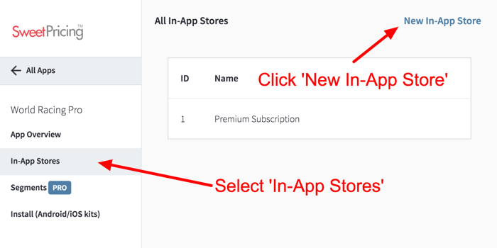 Select 'In-App Stores' and click 'New In-App Store'.